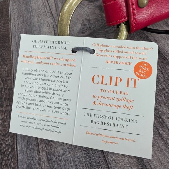 Handbag Handcuff Bag Restraint Security Cuff Strap Cherry Red Faux Leather New - Picture 3 of 9